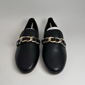 Chicos Heidi Black Slip On Loafers Gold Chain Detail Womens Size 7.5M Flats